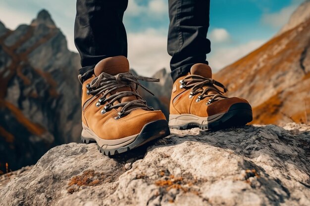 Primer plano de botas de montaña en un alpinista AI