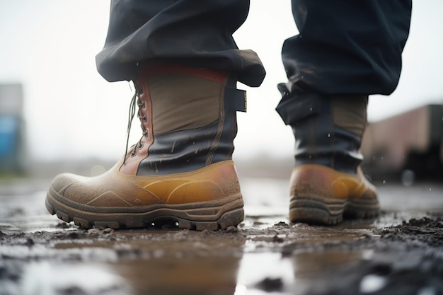 Foto primer plano de botas pesadas en el suelo húmedo tormenta en la parte de atrás