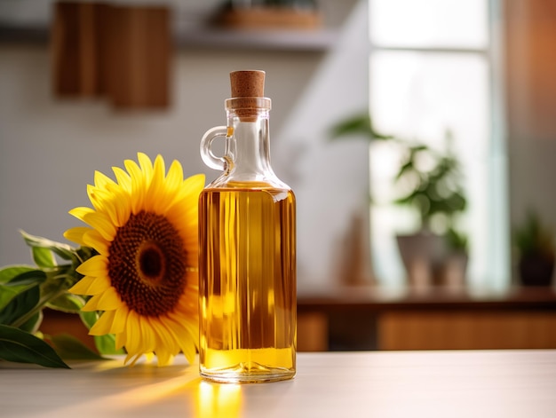 Un primer plano de una botella de aceite de girasol en una cocina moderna