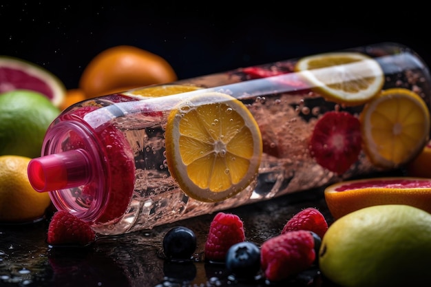 Primer plano de una botella de agua con múltiples rodajas de fruta flotando en ella creada con ai generativo