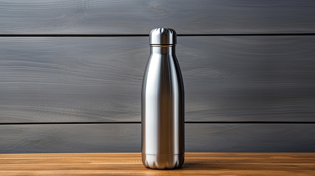 Primer plano de una botella de agua termo reutilizable de acero sobre una mesa de madera contra un fondo de textura gris w