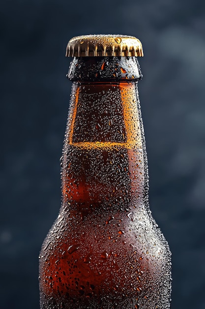Primer plano de una botella de cerveza en gotas de agua Foco selectivo
