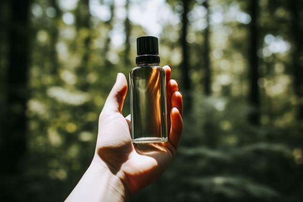 Un primer plano de una botella de perfume al aire libre