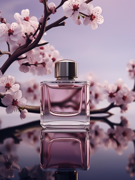 Un primer plano de una botella de perfume en una mesa con flores ai generativo