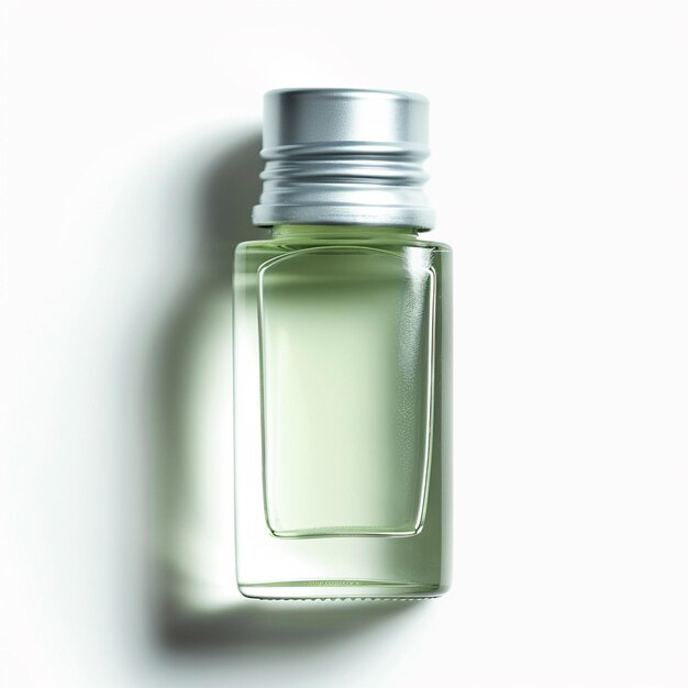 un primer plano de una botella de perfume en una superficie blanca