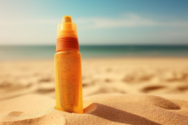 Primer plano de una botella de protector solar en una playa de arena creada con ai generativo