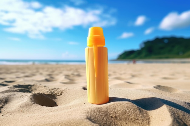 Primer plano de una botella de protector solar en una playa de arena