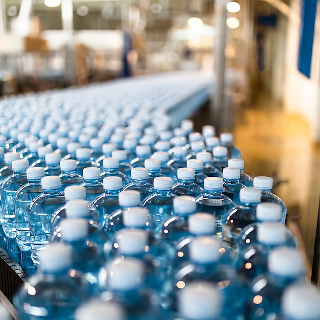 Primer plano de botellas de agua en la cinta transportadora en la industria, enfoque selectivo