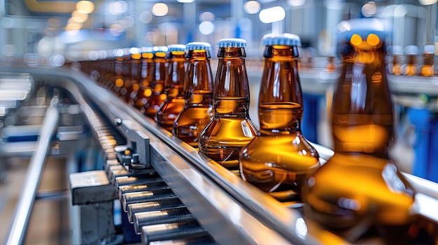 Primer plano de botellas de cerveza en una cinta transportadora en un entorno de fábrica