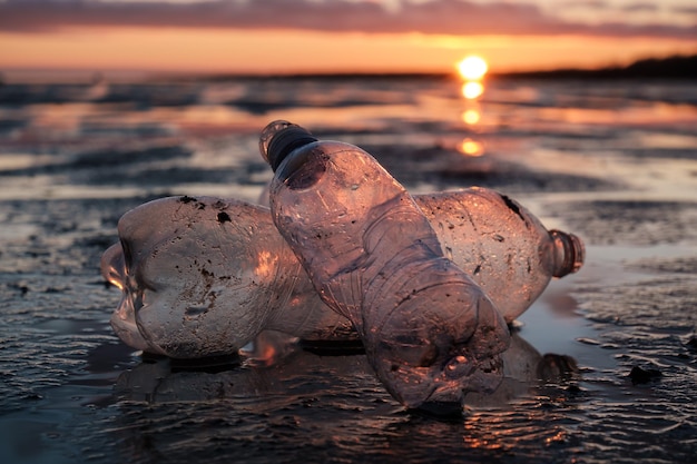 Primer plano de botellas de plástico arrojadas a la orilla en la luz de fondo