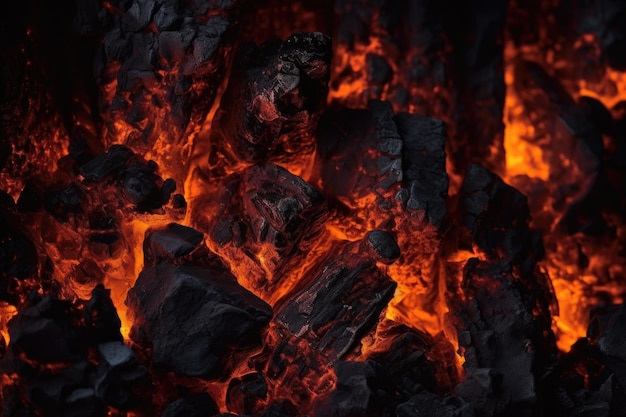 Primer plano de brasas brillantes en una chimenea oscura