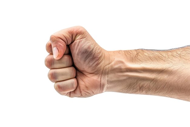 Foto primer plano de un brazo de un hombre con un puño sobre un fondo blanco perfecto para conceptos de negocios y comunicación