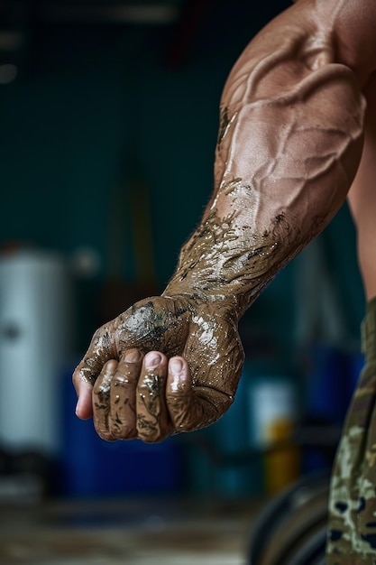 Primer plano del brazo muscular de un culturista sobre un fondo oscuro