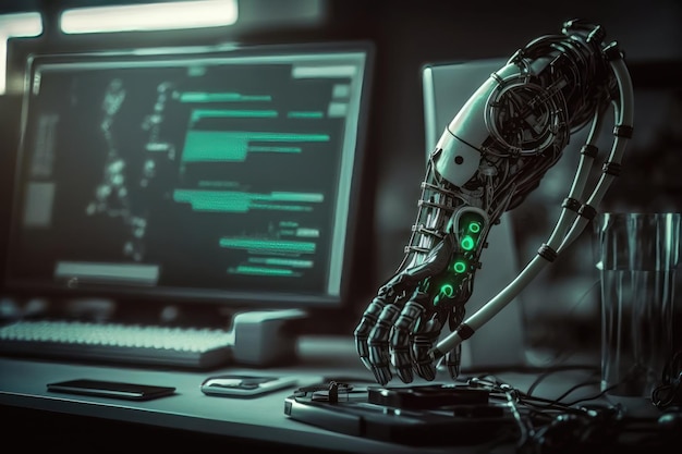 Primer plano de un brazo robótico protésico futurista sobre un escritorio en un laboratorio de investigación de alta tecnología Generación de IA