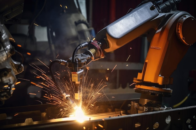 Primer plano de un brazo robótico soldando dos piezas de metal juntas creadas con ai generativo