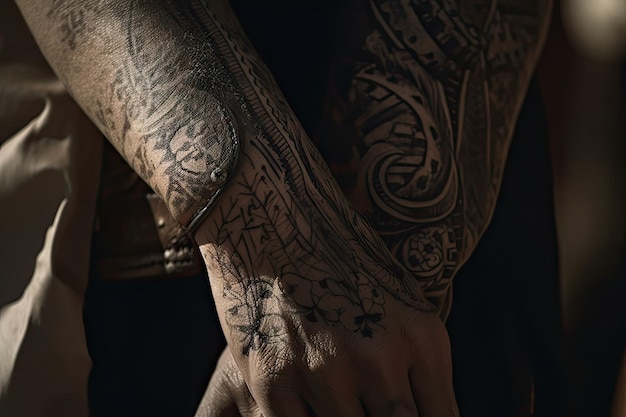 Primer plano del brazo de vaqueros con intrincados diseños de tatuajes visibles