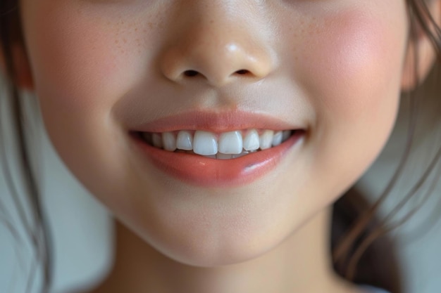 Un primer plano de una brillante y sonriente niña asiática mostrando dientes blancos y sanos