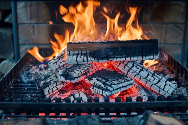 Un primer plano de briquetas de carbón de leña brillantes en una parrilla con intensas llamas de naranja y calor