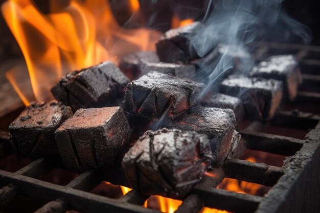 Primer plano de los briquetes de carbón que se encienden en el BBQ