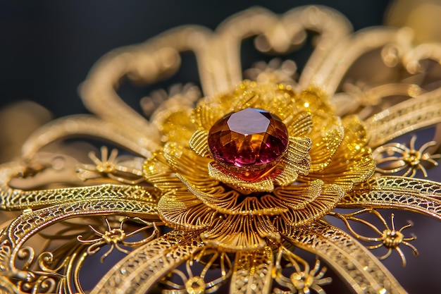 Foto primer plano de un broche de oro con una piedra preciosa en el centro