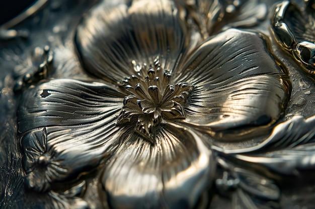 primer plano de un broche de plata con un diseño floral grabado en el metal