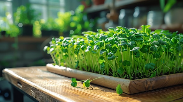 Primer plano de brócoli microverde Concepto de jardinería en interiores