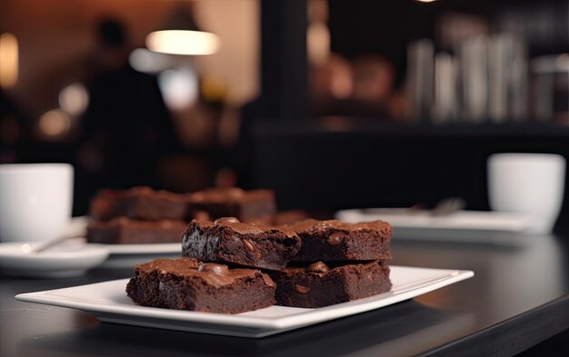 Un primer plano de brownie de chocolate en un fondo de café postre dulce comida de panadería ai generado