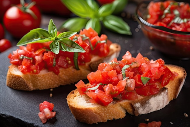 Primer plano de bruschetta con pan tostado y deliciosa combinación de ingredientes