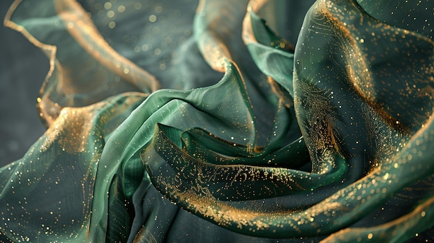 Un primer plano de una bufanda verde esmeralda y dorada con líneas giratorias