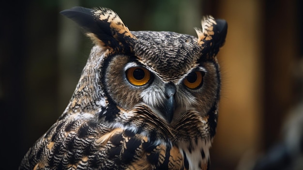 Un primer plano de un búho con ojos amarillos