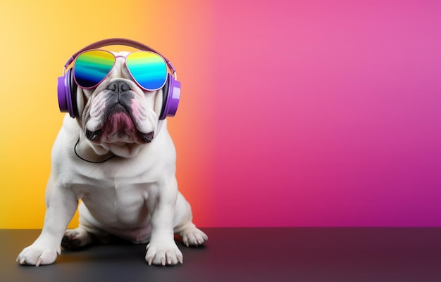 primer plano de bulldog con gafas y auriculares fondo brillante con espacio de copia