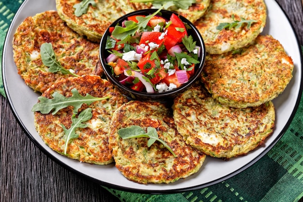 Primer plano de buñuelos de calabacín con eneldo servido con ensalada de tomate con queso feta fresco en un plato sobre una mesa de madera vista horizontal desde arriba