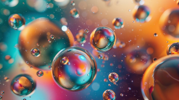 Un primer plano de burbujas translúcidas flotando en un espacio colorido con un efecto de luz bokeh creando un fondo abstracto soñador y etéreo
