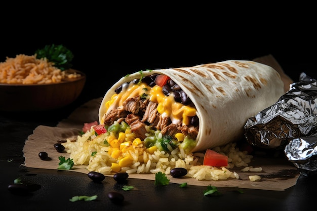 Primer plano de un burrito con ingredientes derramándose creado con ai generativo