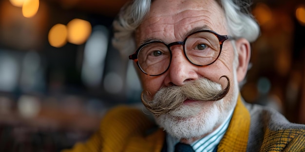 Primer plano de un caballero anciano con orgullo y un extraño bigote Movember Concepto Hombre anciano Movember Bigote Retrato orgulloso Primer plano Expresión peculiar