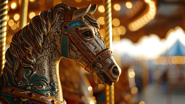 Foto un primer plano de un caballo de carrusel con colorida silla de montar y carnaval de bridas.