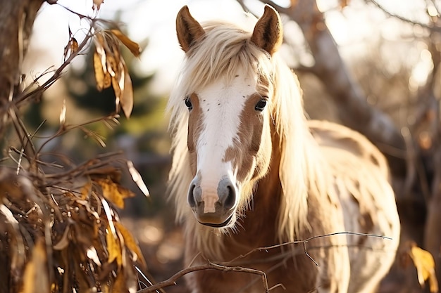 Primer plano de un caballo marrón y blanco con una melena blanca Primer plano