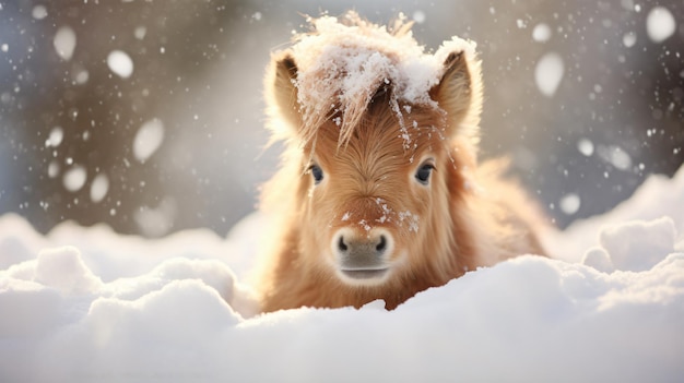 Un primer plano de un caballo en miniatura cubierto de nieve