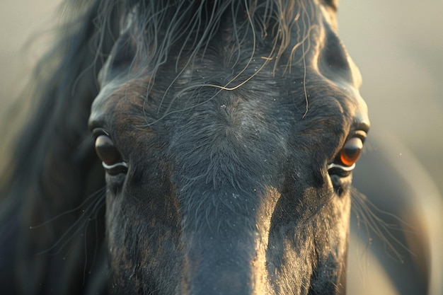 Un primer plano de un caballo con las orejas pinchadas alerta y atento