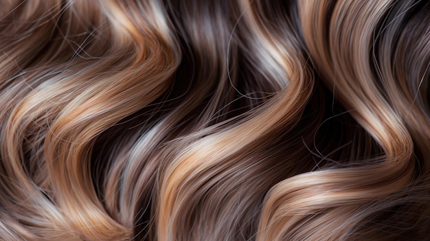 Primer plano de cabello ondulado con una mezcla de reflejos marrones y rubios que muestran una textura lisa y brillante