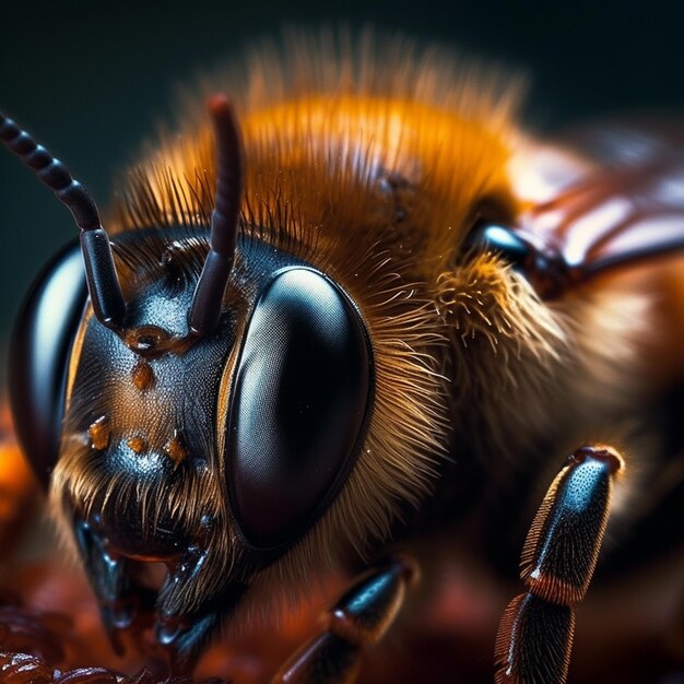 un primer plano de una cabeza de abeja con una cara negra y amarilla
