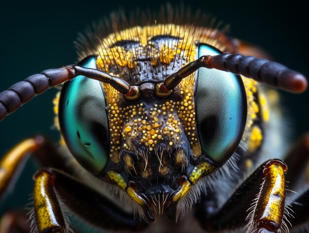 un primer plano de una cabeza de abejas con una cara verde y amarilla generativa ai