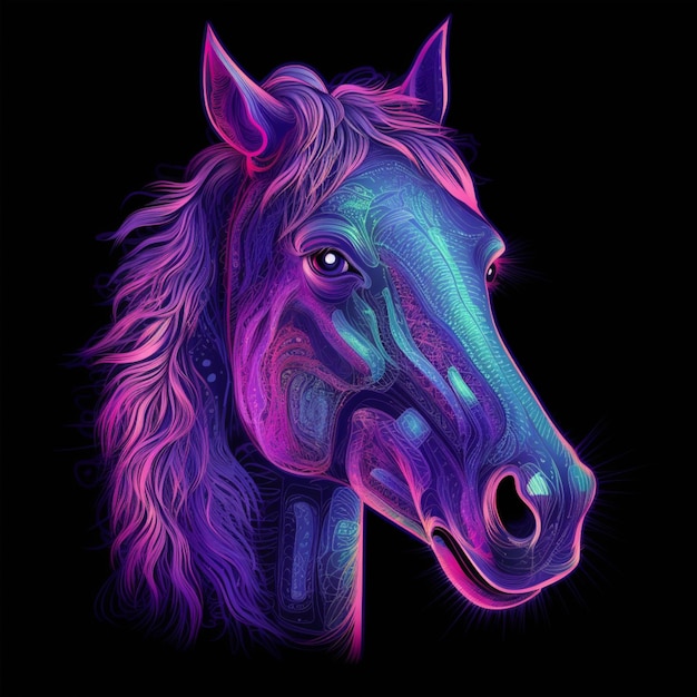 Un primer plano de una cabeza de caballo con una melena púrpura generativa ai