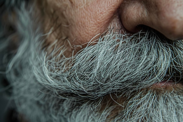 Un primer plano de la cabeza con cabello gris y bigote