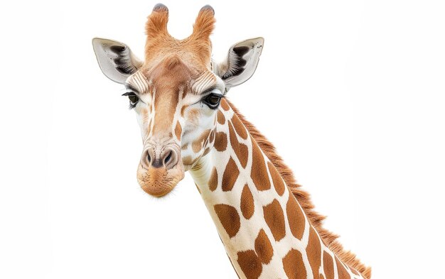 Un primer plano de la cabeza y el cuello de una jirafa que muestra sus intrincados patrones ojos grandes y pestañas largas contra un fondo blanco