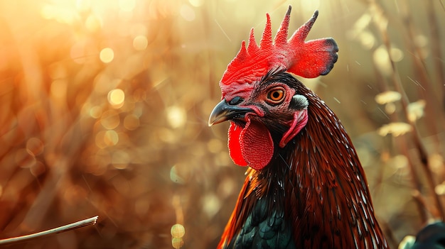 Un primer plano de la cabeza de un gallo a la luz de la mañana El gallo está mirando a la izquierda del cuadro y tiene el pico ligeramente abierto