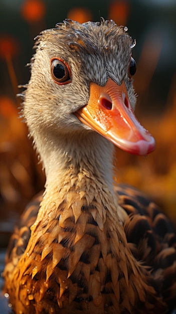 Un primer plano de la cabeza de un pato con sus características en tonos sepia con toques de colores apagados Creado con IA generativa