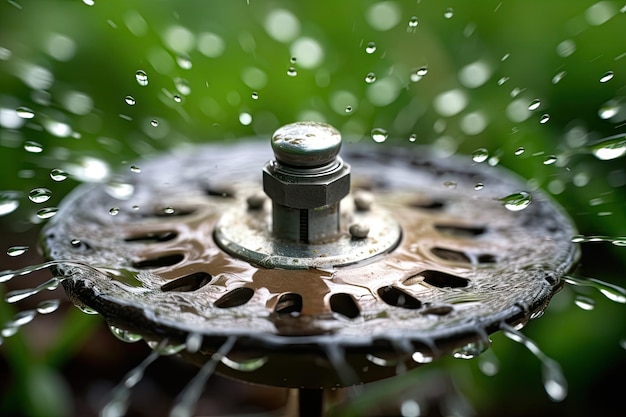 Primer plano de la cabeza del rociador con gotas de agua volando por el aire creado con ai generativa