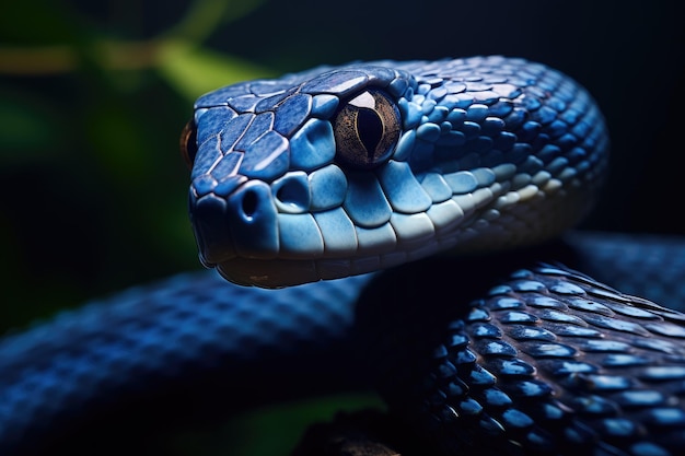 Primer plano de la cabeza de una serpiente azul en un fondo oscuro Blue Insularis Snake AI Generado