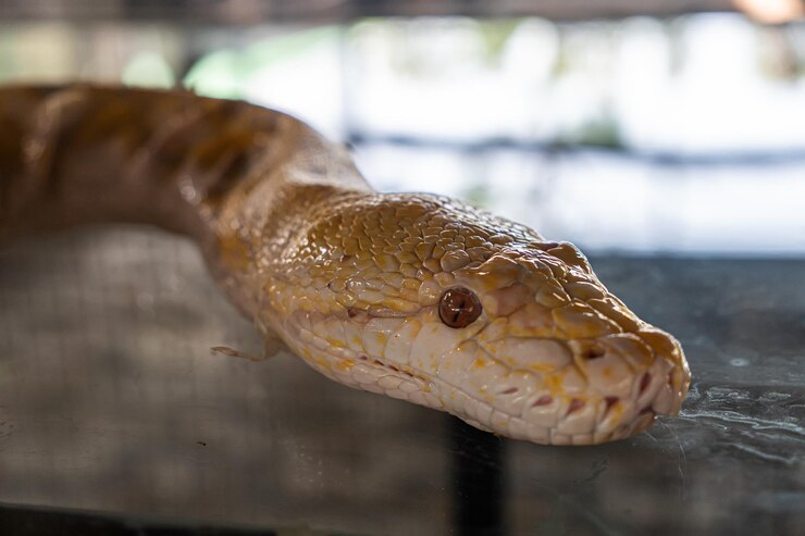 Foto primer plano de cabeza de serpiente primer plano de una pitón birmana albina